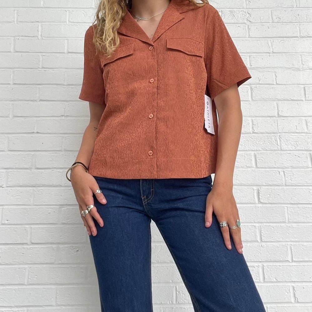 NEW Athleta Copper Echo Button Down Shirt / Blouse Boho Chic Summer Short Sleeve